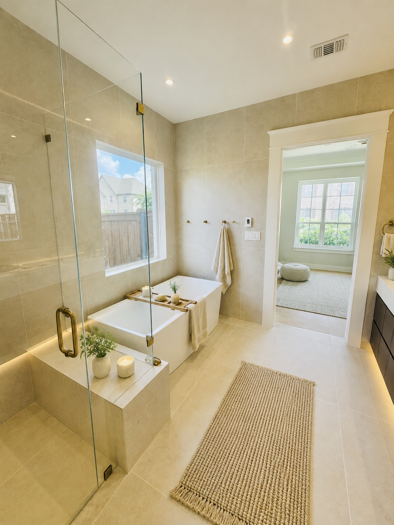 Warm beige tiled bathroom with a soaking tub and glass shower