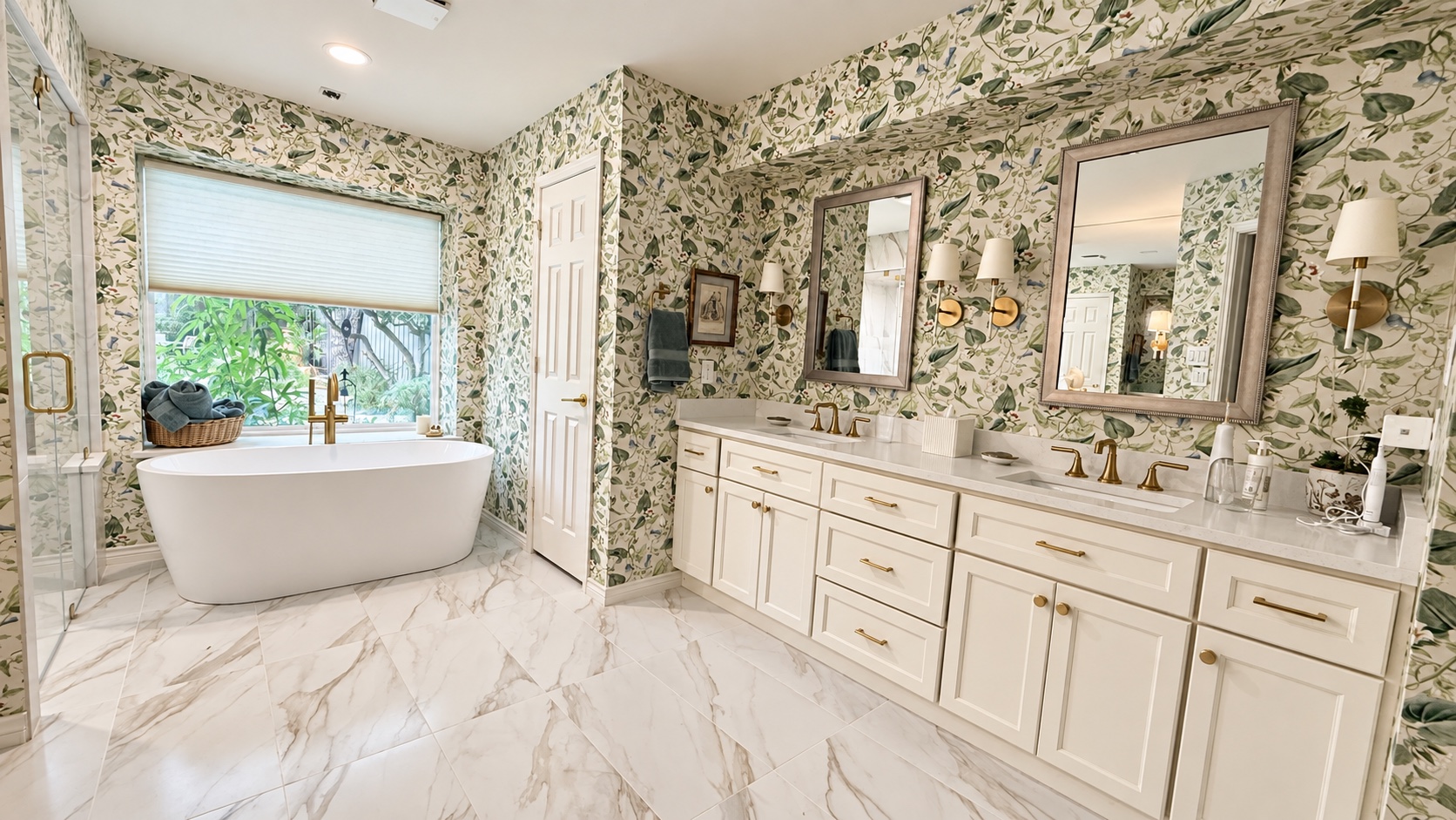 Digitally refined bathroom with botanical wallpaper, freestanding tub, double vanity and balanced daylight