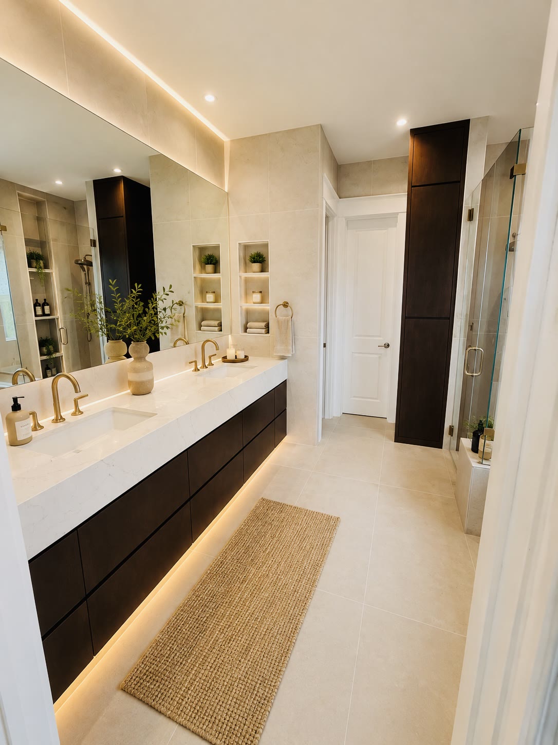 Contemporary bathroom with a long dark floating double vanity, brass faucets, illuminated mirror and glass shower