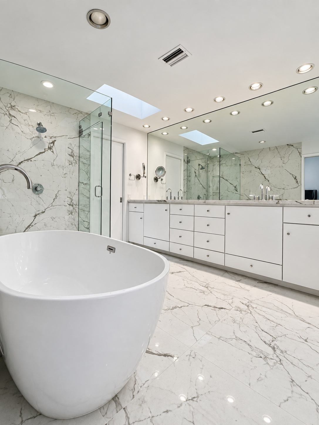 White marble bathroom with a freestanding tub, glass shower and long vanity, viewed from the tub