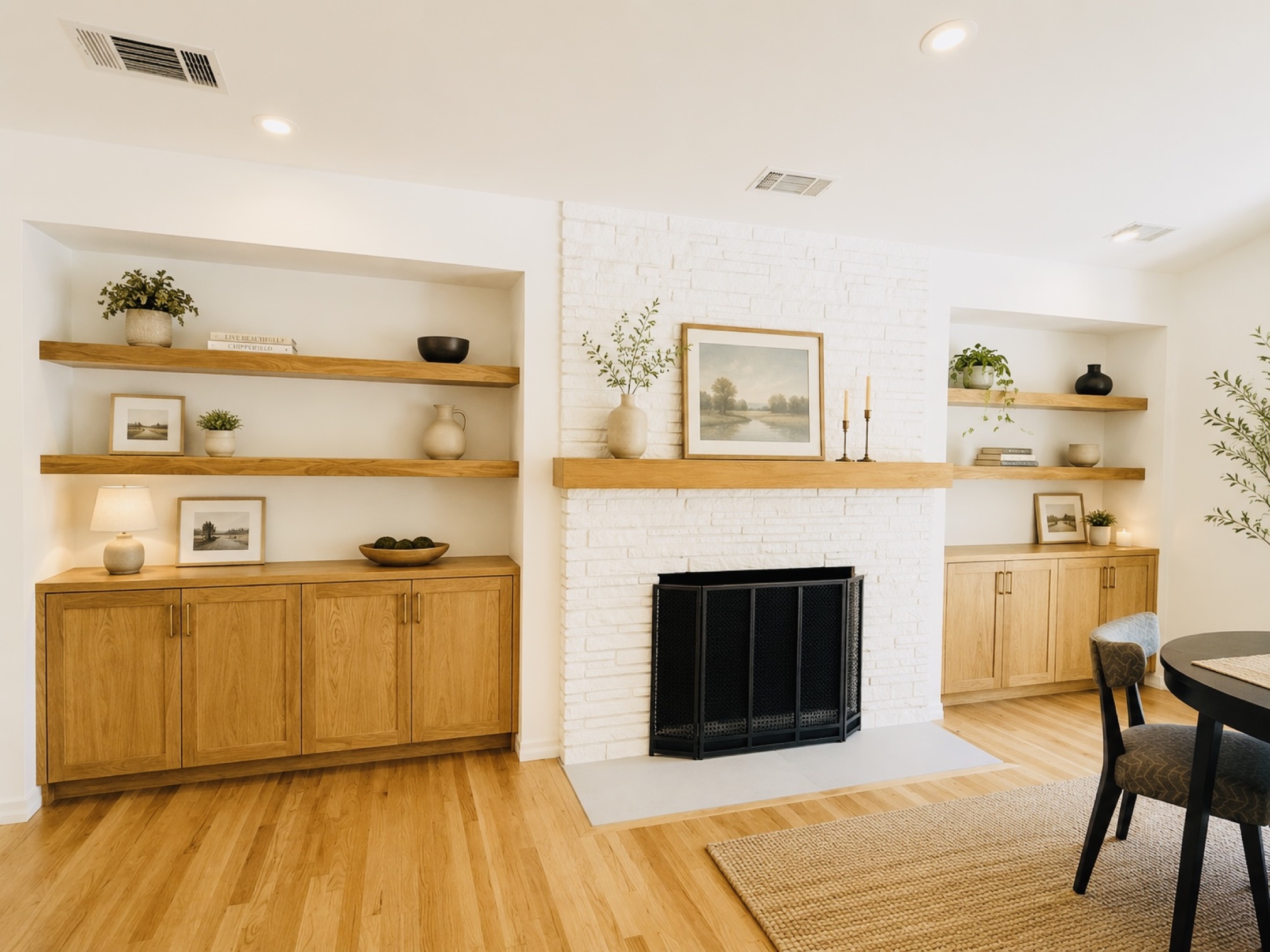 White brick fireplace framed by oak cabinetry and floating shelves
