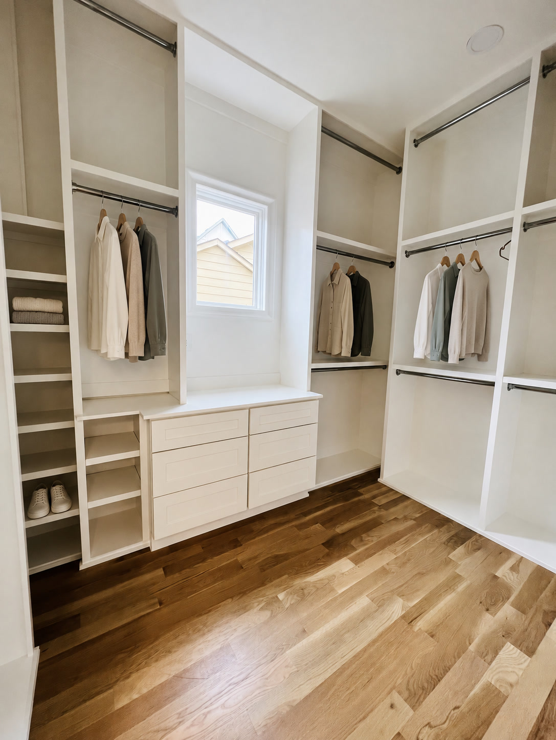 Digitally styled white walk-in closet with a window, built-in drawers and a few neatly arranged garments