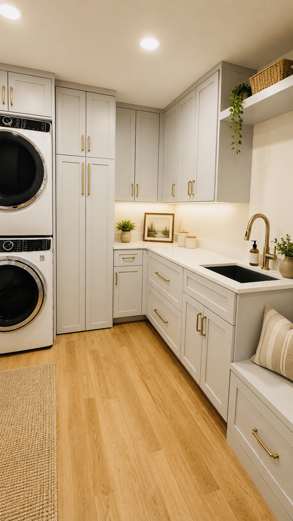 Laundry room with stacked washer and dryer, white cabinetry, brass hardware and a sink