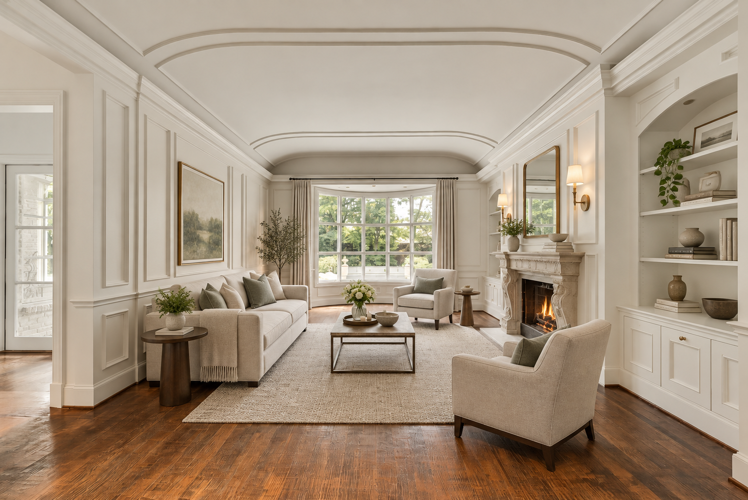 Finished living room with paneled walls and a fireplace