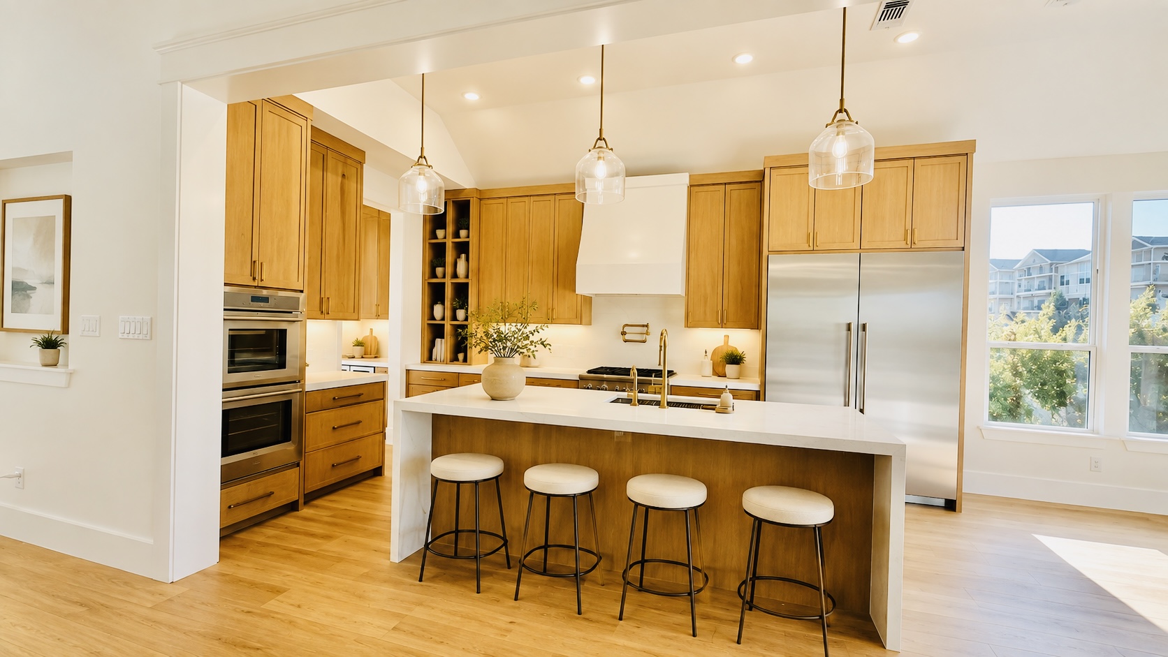 Kitchen with natural oak cabinets, white stone island and glass pendants