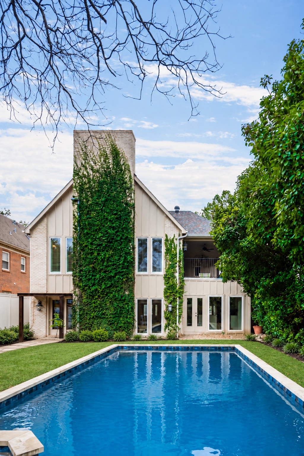 Narrow pool beside a modern home exterior