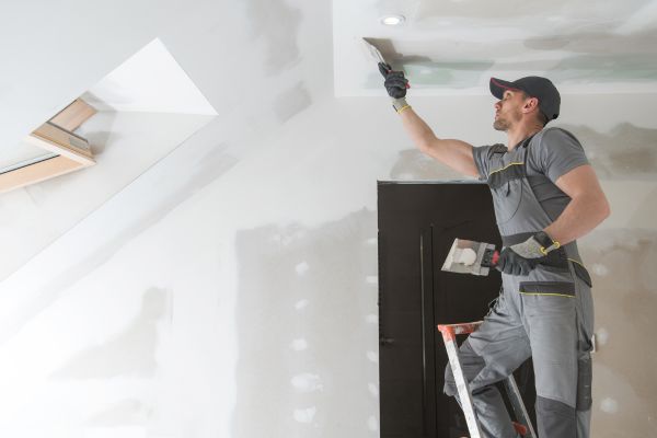 Worker finishing drywall.