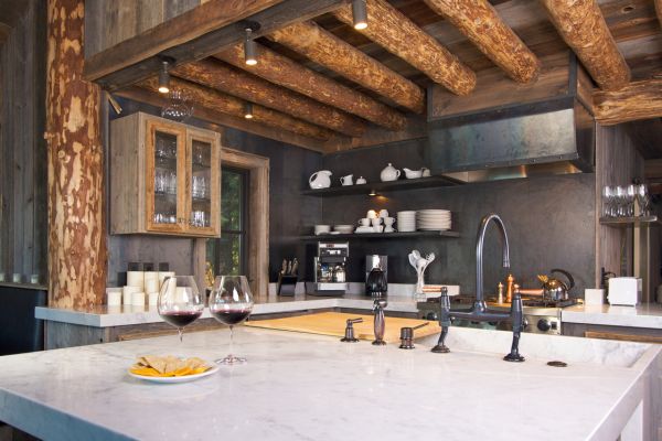 A newly built rustic cabin kitchen.