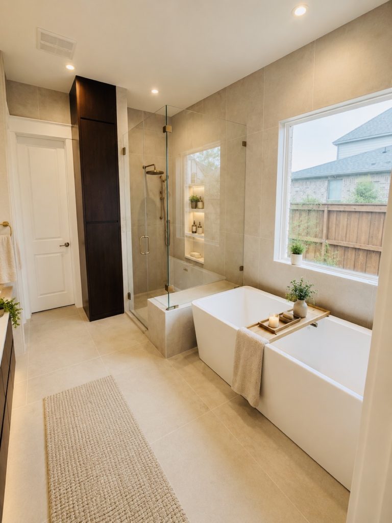 Modern bathroom with a freestanding tub, glass shower and warm neutral tile